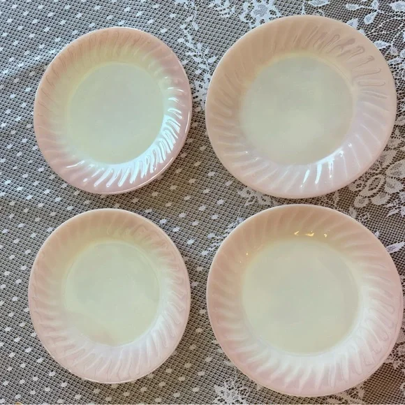 Rare Find- Set of 4 Fire King Pink Swirl Dinner Plates 9" Vintage 1950's